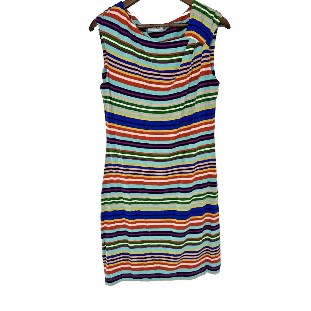 Calvin Klein Dress 12 Multi Striped Asymmetrical Sleeveless Midi Stretch‎ Soft